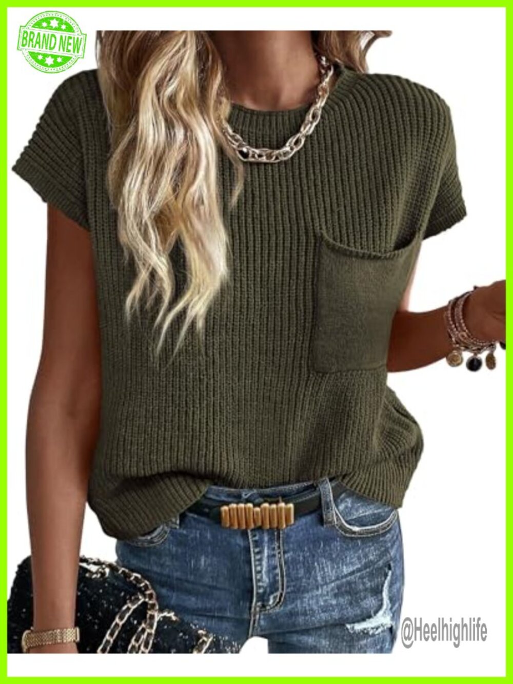 Short Sleeve Crochet Sweater Top Womens Ribbed Knit Crew Neck Casual